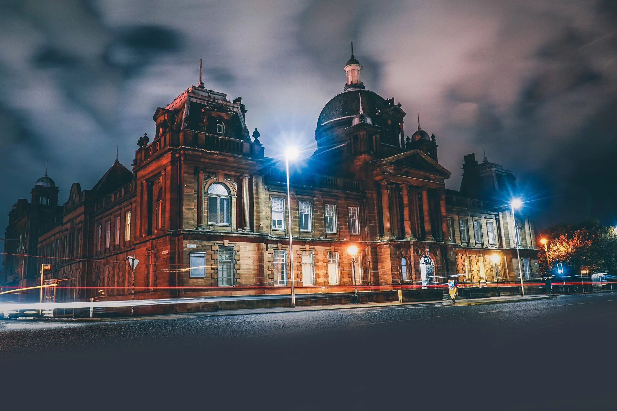 A night shot of Film City Glasgow's building.