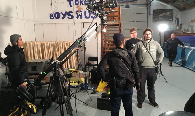 International production with Panasonic in Shetland. Crew stand around a camera jib.