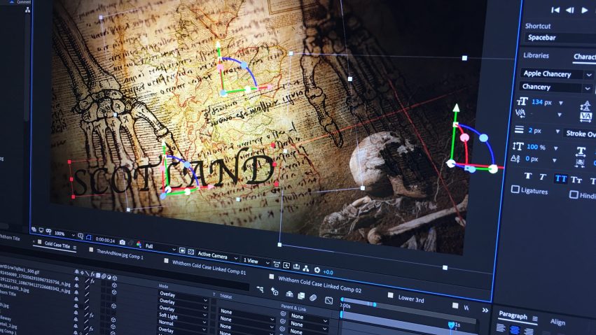 In our post-production facillity we are making a title sequence for a video production we did called Cold Case Whithorn can be seen in a motion graphics application.